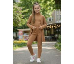 3 dielna súprava top s dlhým rukávom + legíny + kardigán hnedá