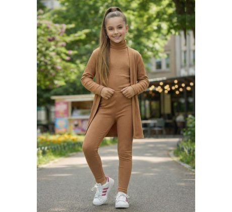 3 dielna súprava top s dlhým rukávom + legíny + kardigán hnedá