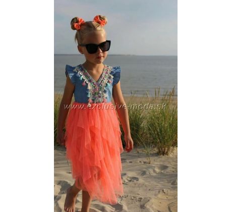 Boho šaty jeans/coral